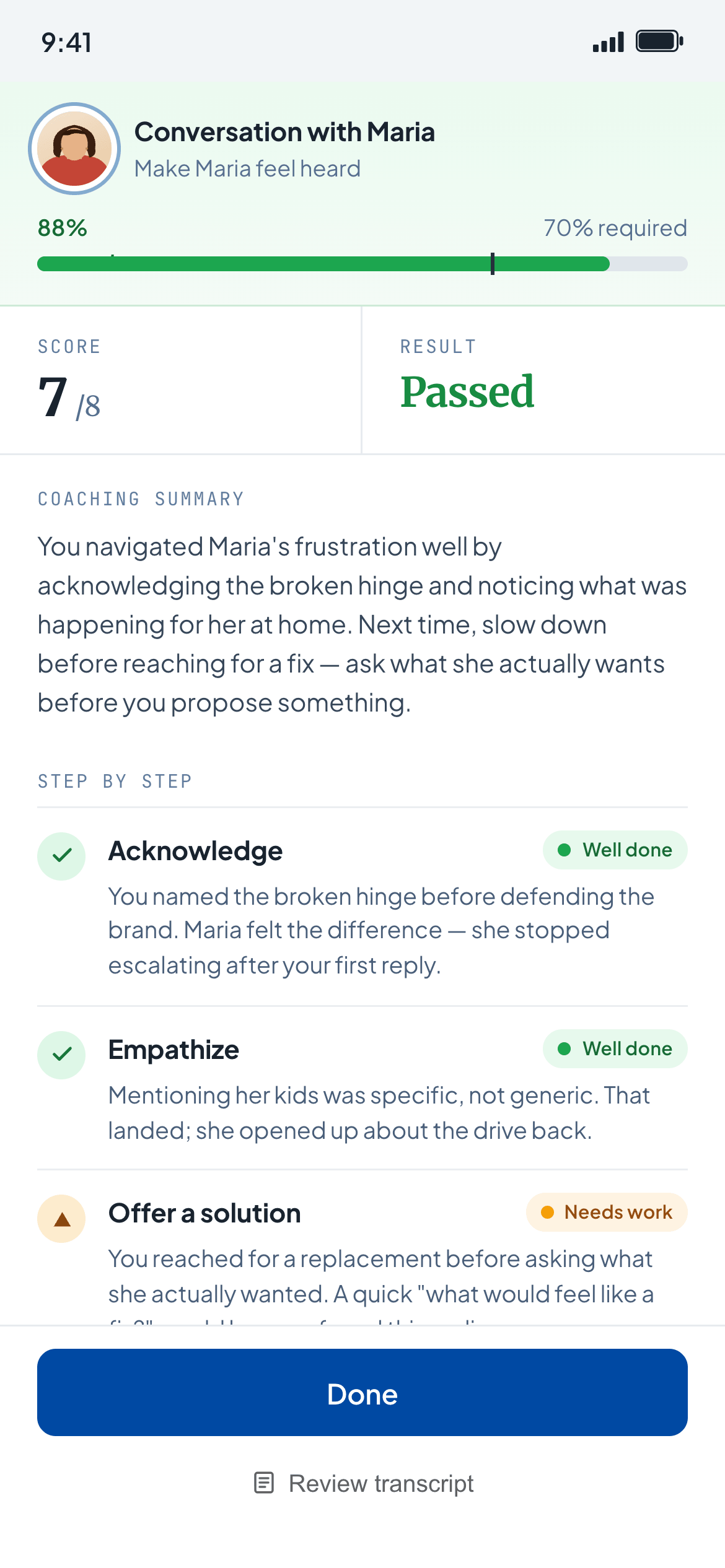 Live conversation coaching results and step-by-step feedback
