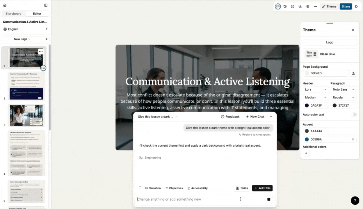 AI chat updating lesson colors and fonts