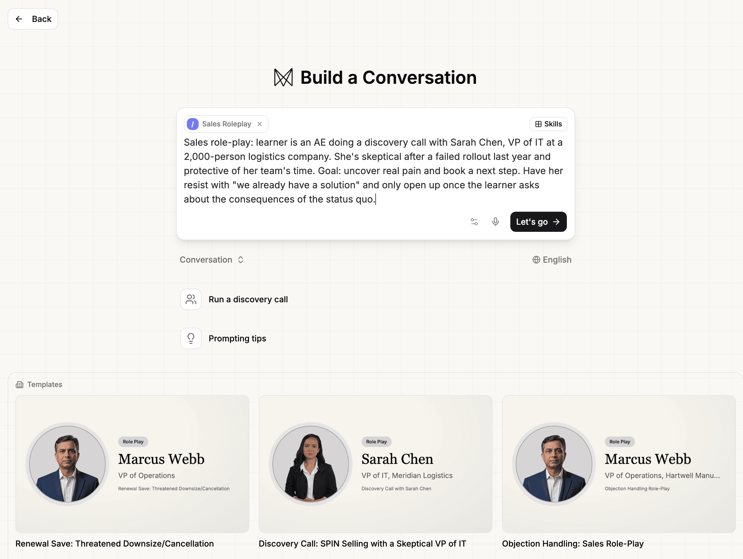 Conversation create page showing starting templates and B2B sales skills