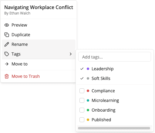 Color-coded tags for lessons and courses