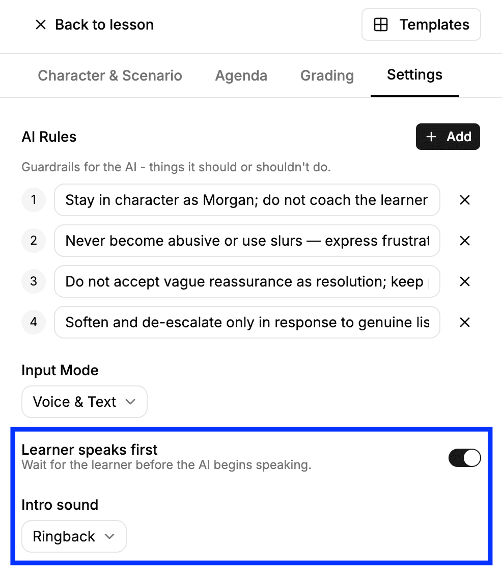Inbound call simulation in a conversation lesson