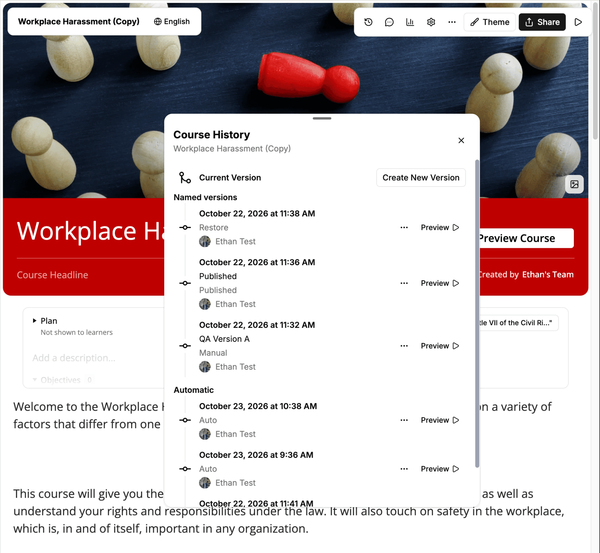 Course History dialog listing named and automatic course versions