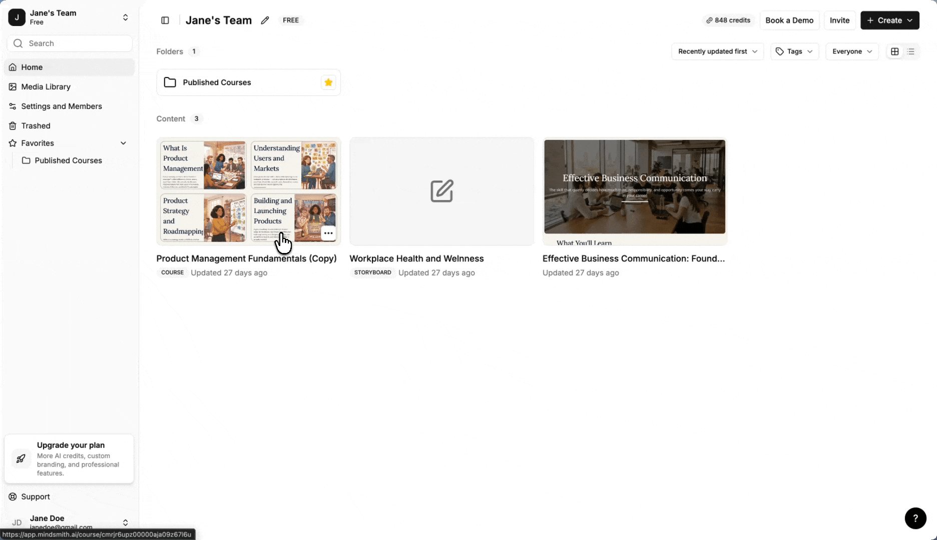 Dragging lessons and courses into folders on the Mindsmith dashboard