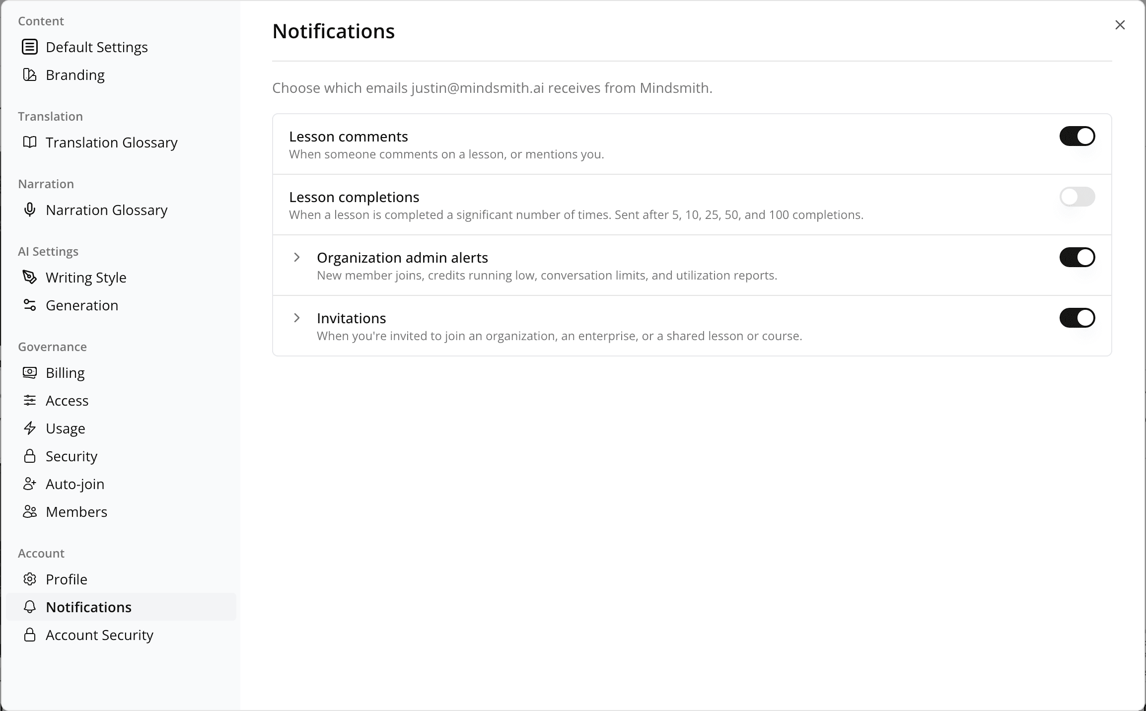 Email notification controls