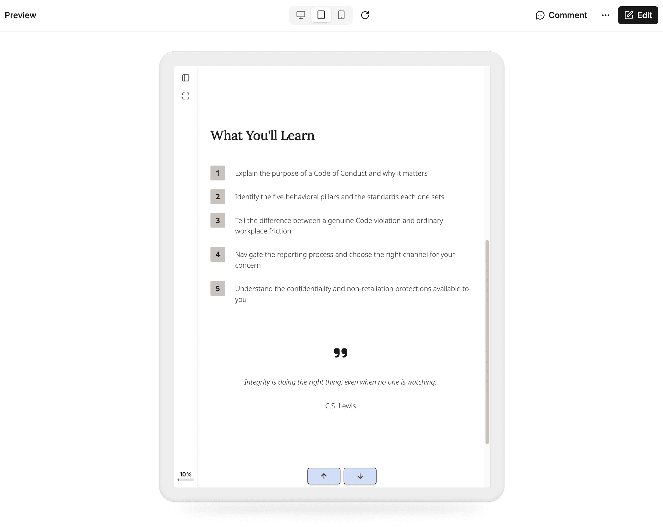 A lesson preview framed as a tablet, with the Desktop, Tablet, and Phone toggle and the rotate button in the preview toolbar