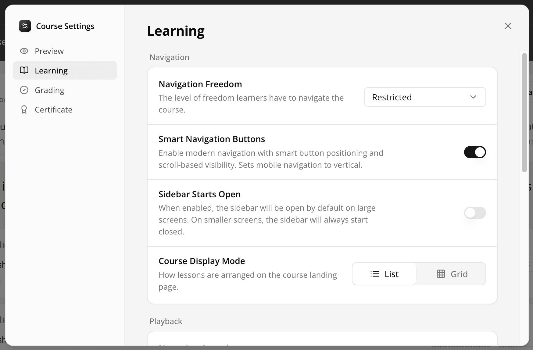Redesigned lesson and course settings dialog