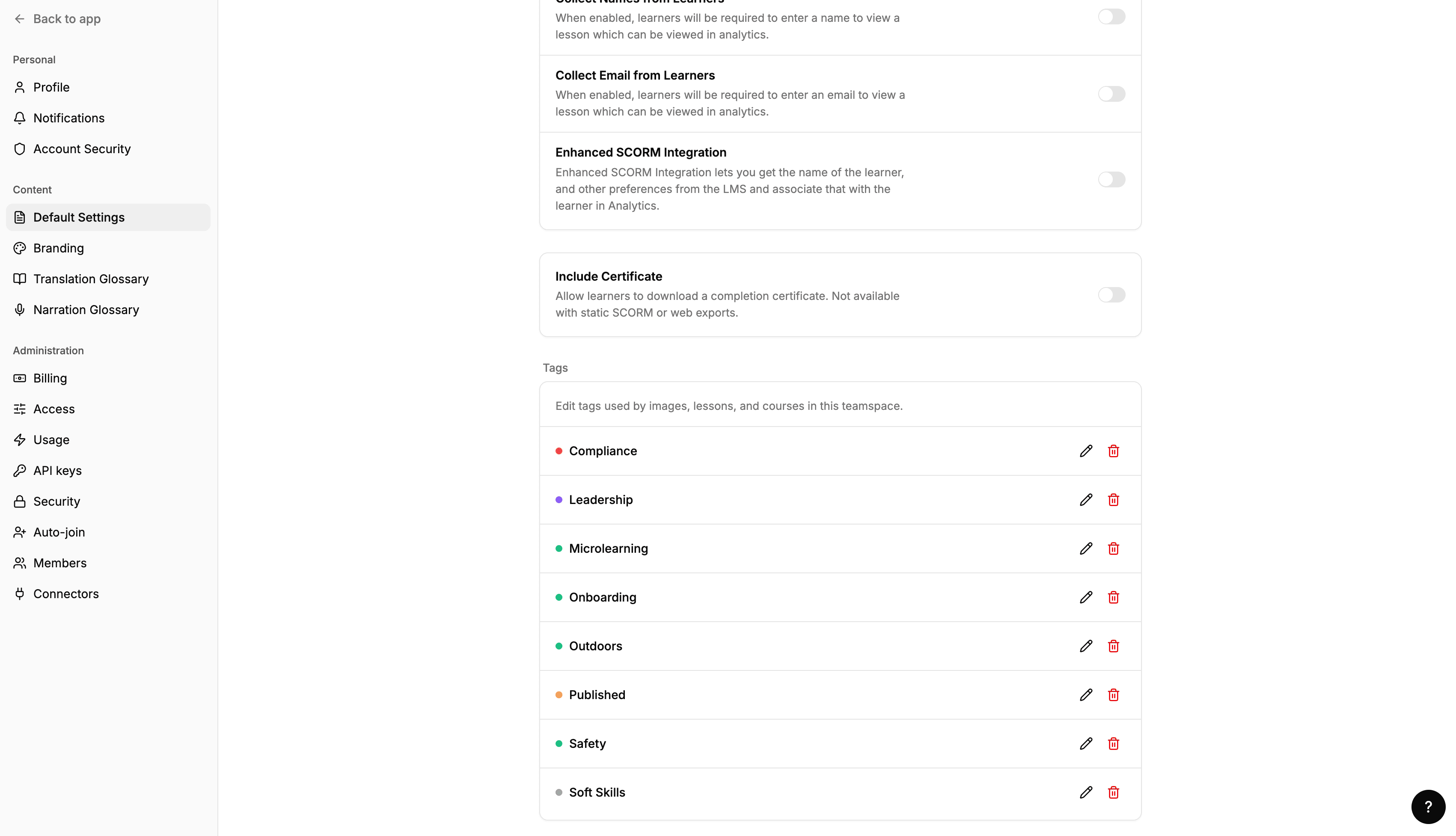 Manage content tags from settings