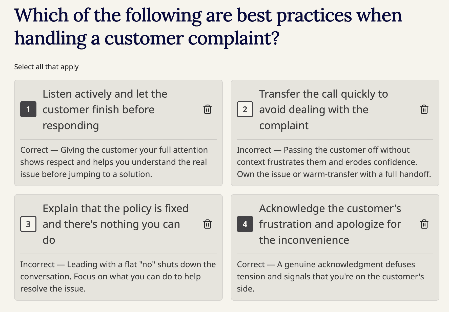 Per-answer feedback for multi-select questions