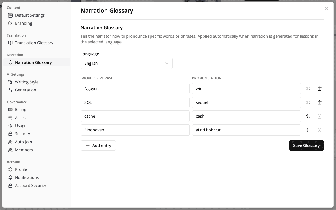 Narration glossary