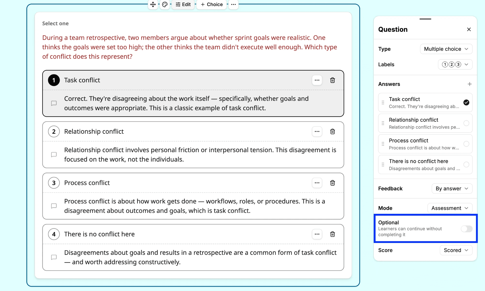 Question settings panel with the Optional switch highlighted