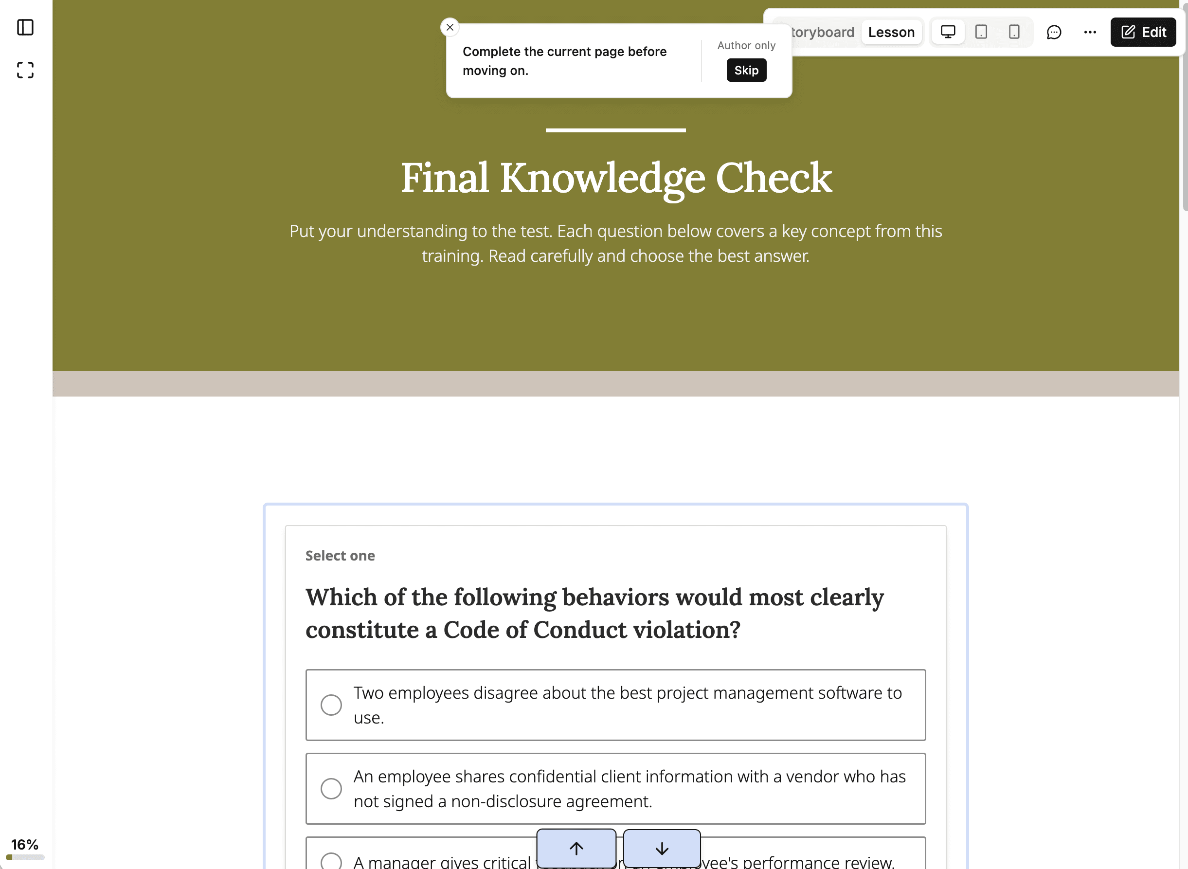 A quiz page in lesson preview with a notice reading Complete the current page before moving on, next to a Skip button labelled Author only