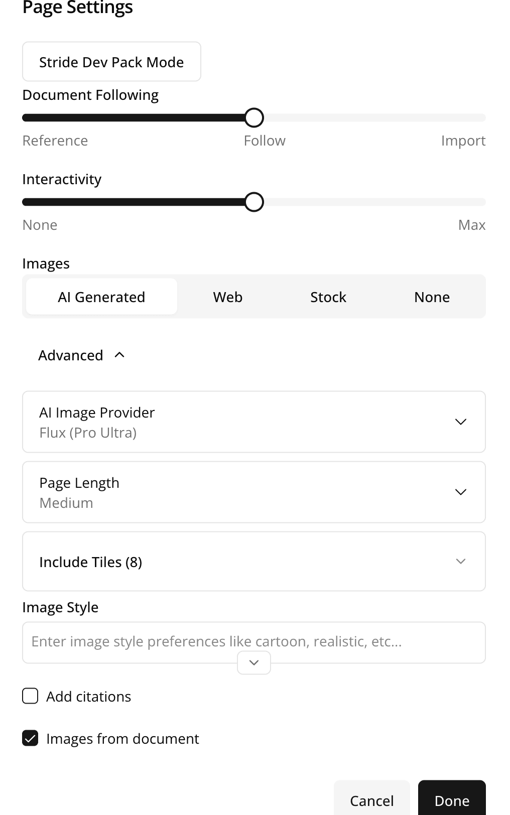 Storyboard page settings