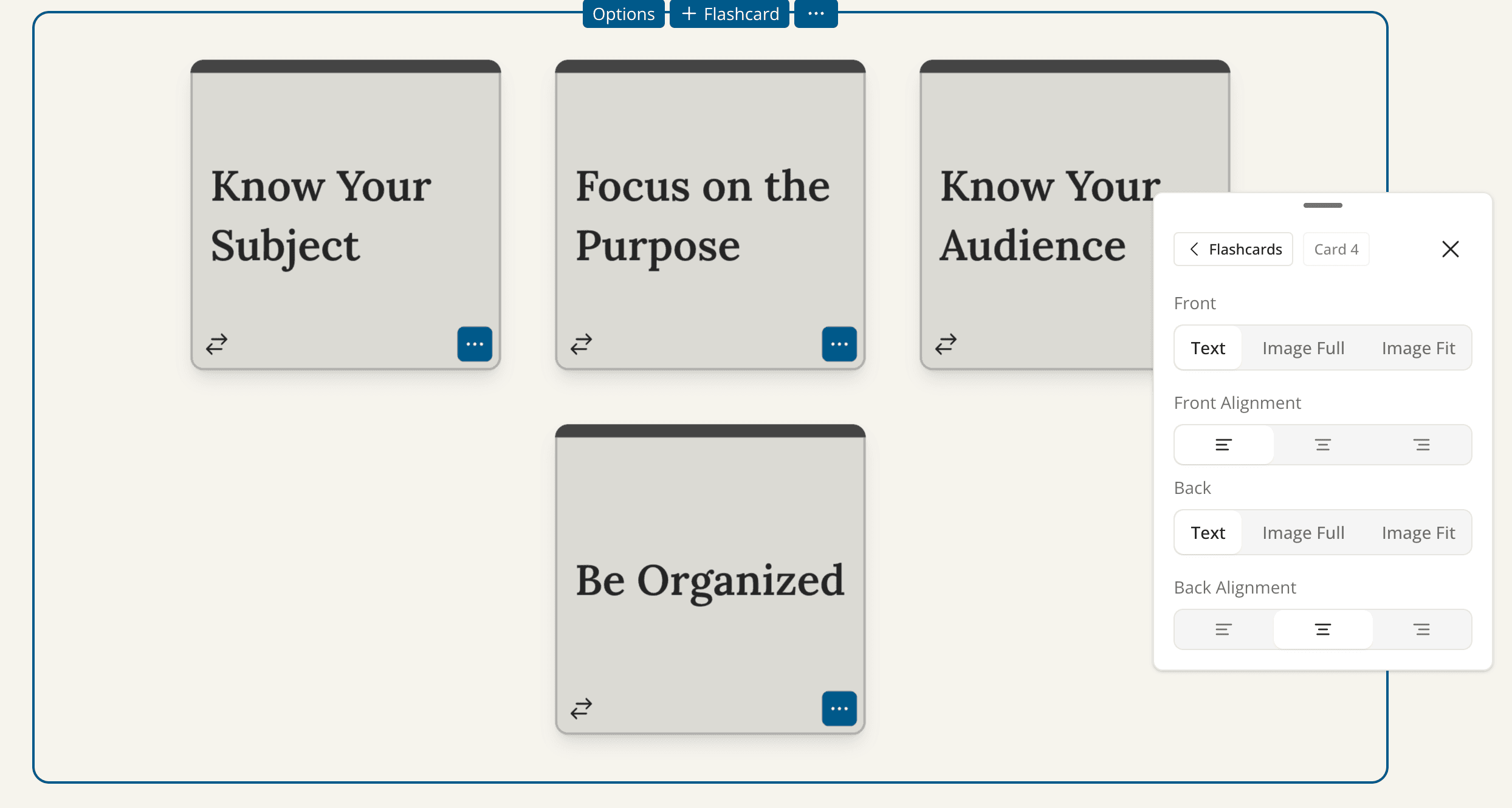 Text alignment on flashcards