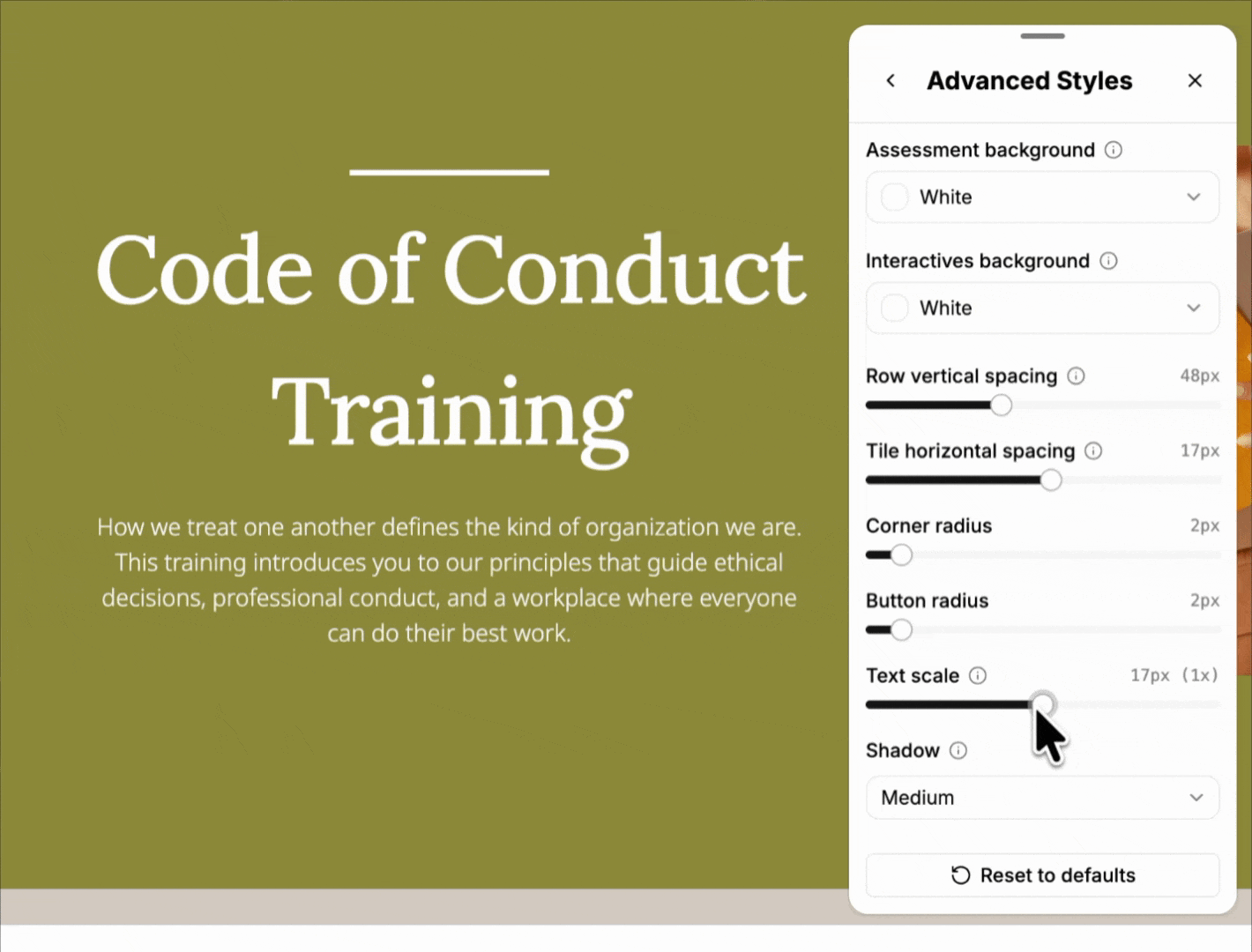 The Text scale slider in a lesson's advanced style settings, with the resulting paragraph size shown beneath it