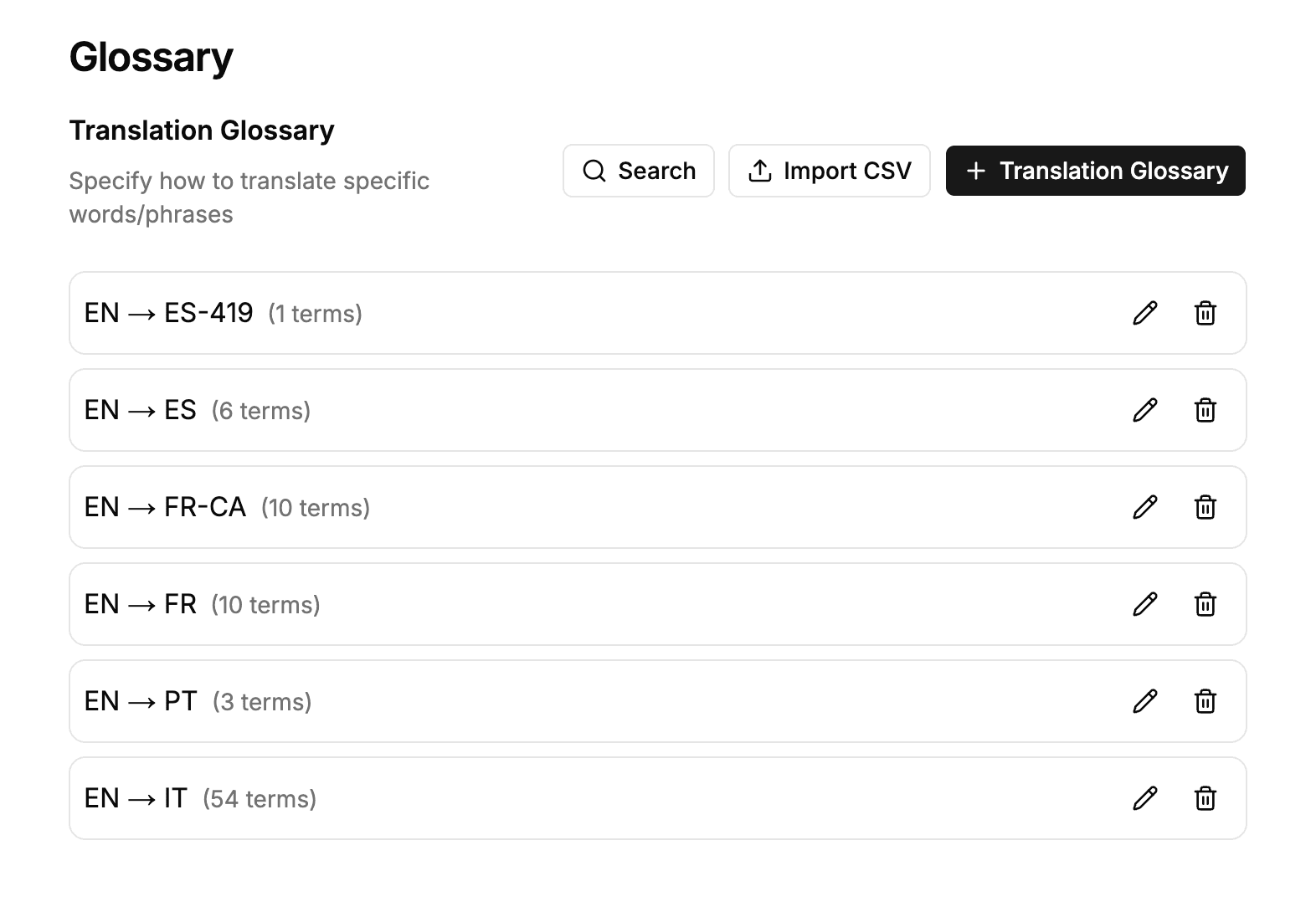 Translation glossary with separate entries for regional language variants