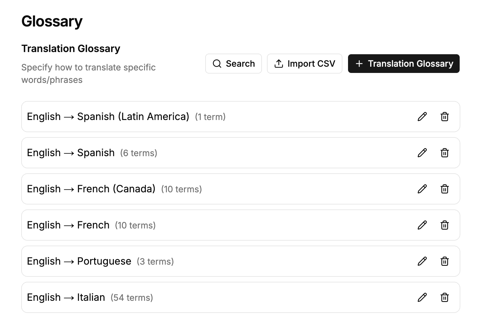 Translation glossary with separate entries for regional language variants