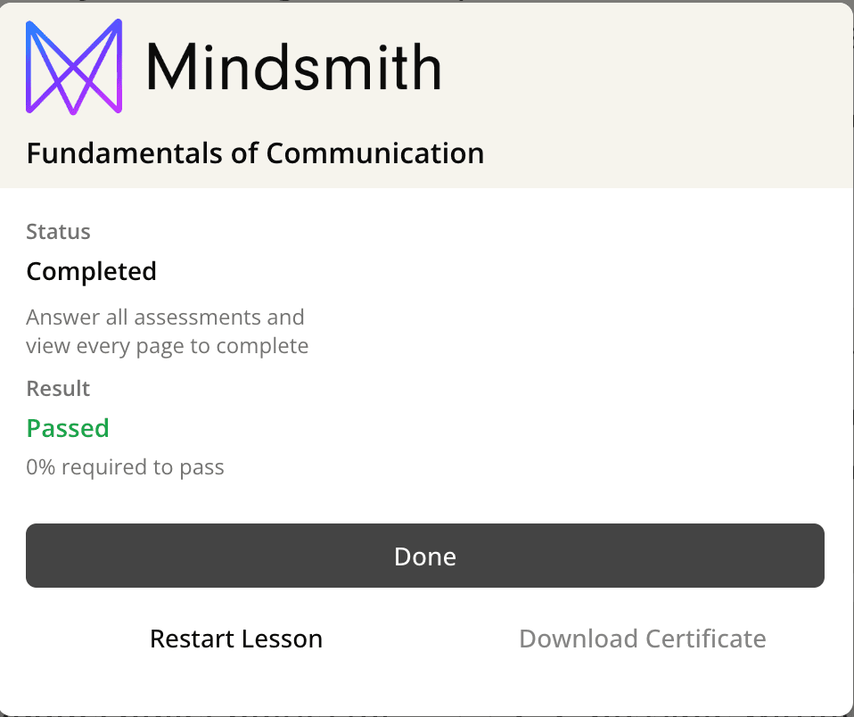 Updated completion dialogue for lessons