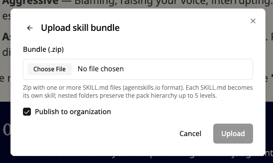 Upload skill bundles from the agent panel