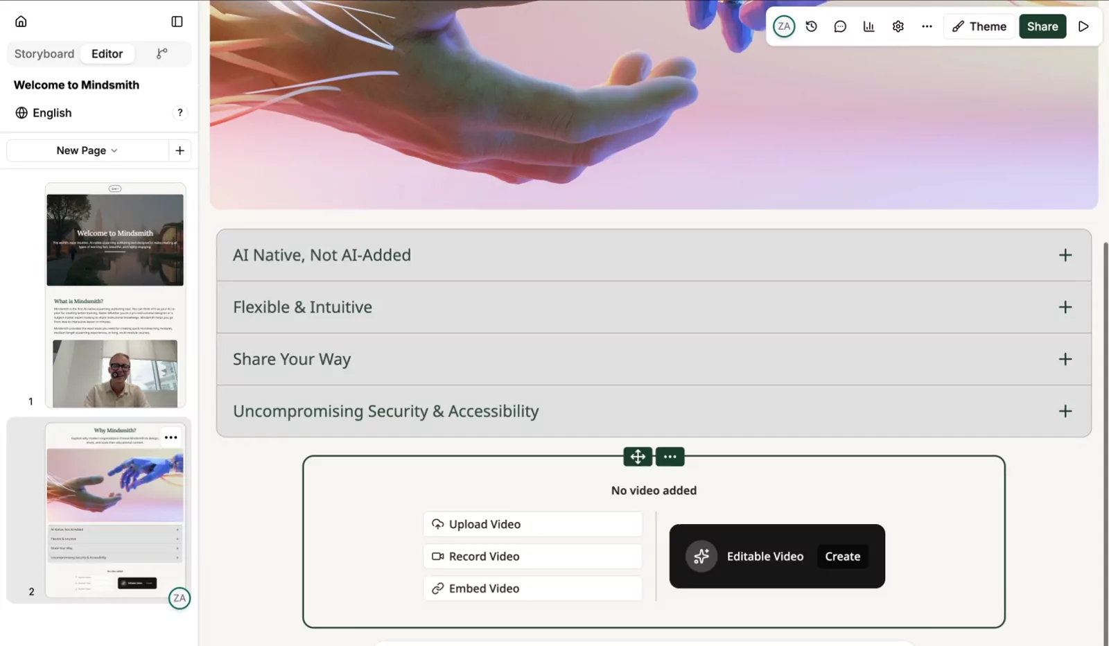 Adding a video tile to a lesson in Mindsmith, with upload, recording, and embed options