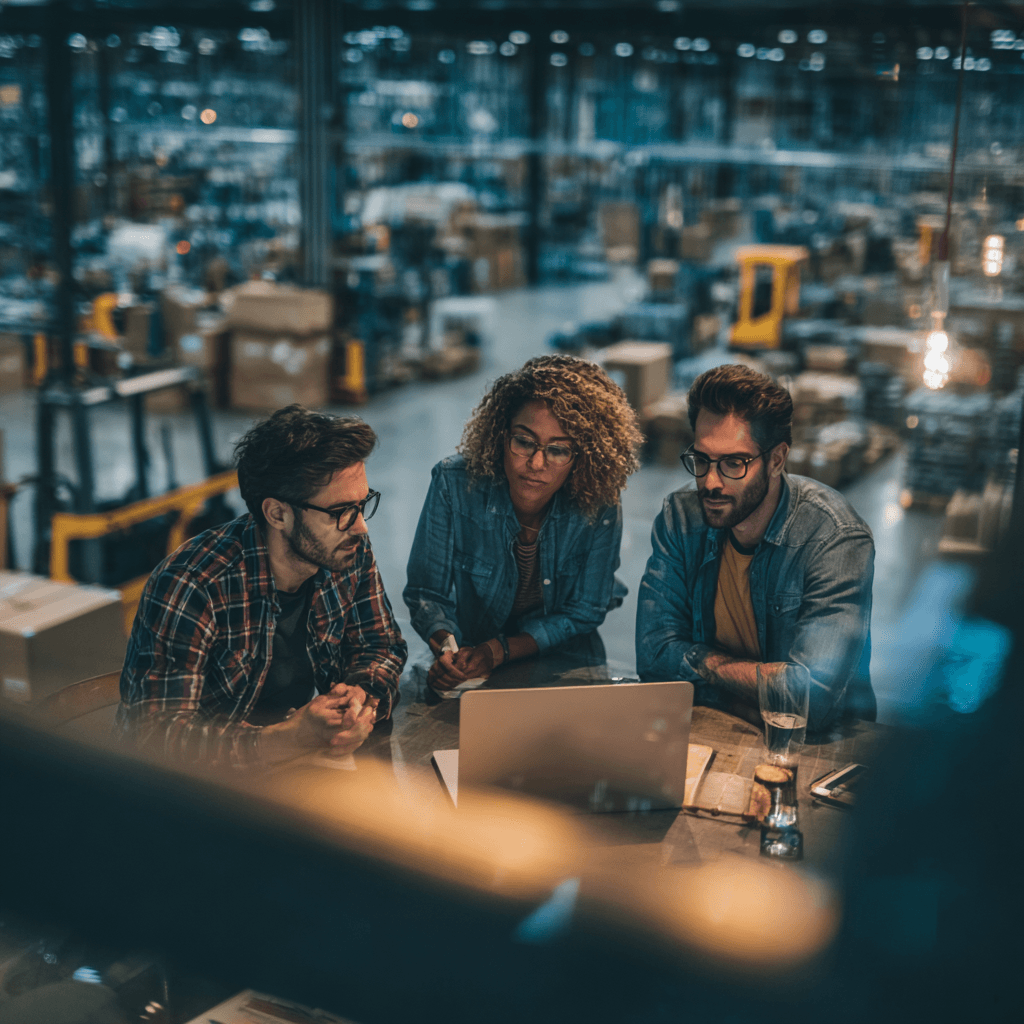 Three logistics workers gathered around a laptop at a table inside a warehouse, reviewing something on screen together, with stocked shelves, boxes, and a forklift visible in the background.