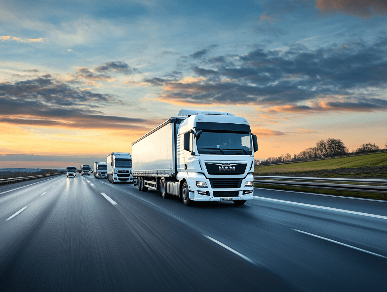 A white MAN semi-truck hauling a cargo trailer down a multi-lane highway at dusk, with several more trucks following behind and an orange-and-blue sky overhead.